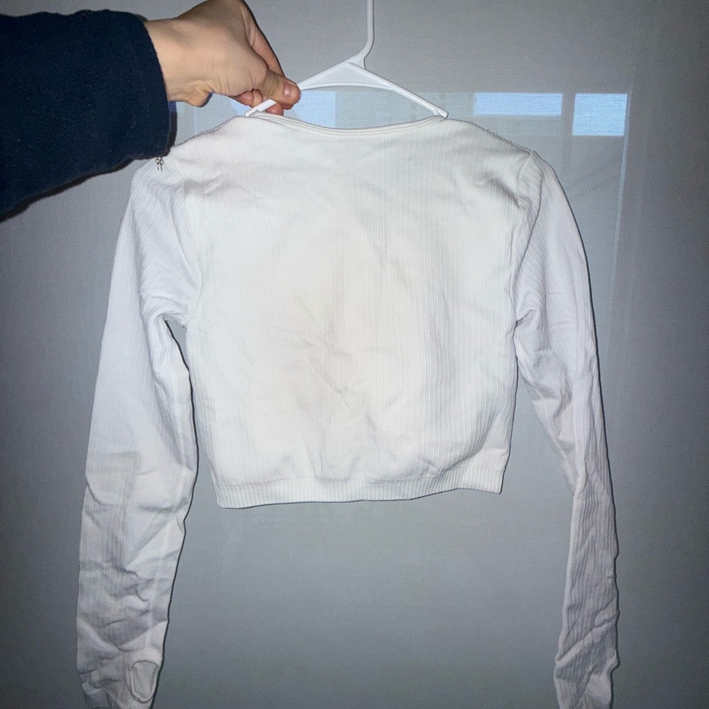 Women's White Ribbed Long Sleeve Crop Active Top Gym Exercise Run Sports